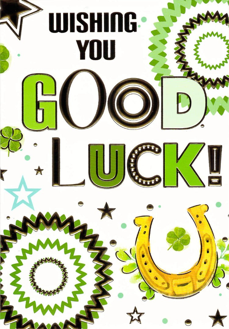 This Good Luck Card - Horseshoe & Four Leaf Clover Design - Green Stars Pattern is a Greeting Card priced at £ 2.29 from Made To Be Treasured range. Produced by Silverline for excellent quality