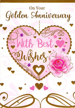 Load image into Gallery viewer, Golden - Anniversary - Hearts - Rose - Greeting Card
