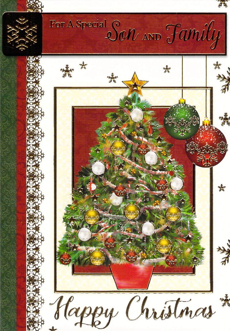 This Son And Family - Christmas - Tree - Greeting Card is a Greeting Card priced at £ 1.60 from Made To Be Treasured range. Produced by Generic for excellent quality