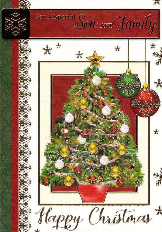 This Son And Family - Christmas - Tree - Greeting Card is a Greeting Card priced at £ 1.60 from Made To Be Treasured range. Produced by Generic for excellent quality