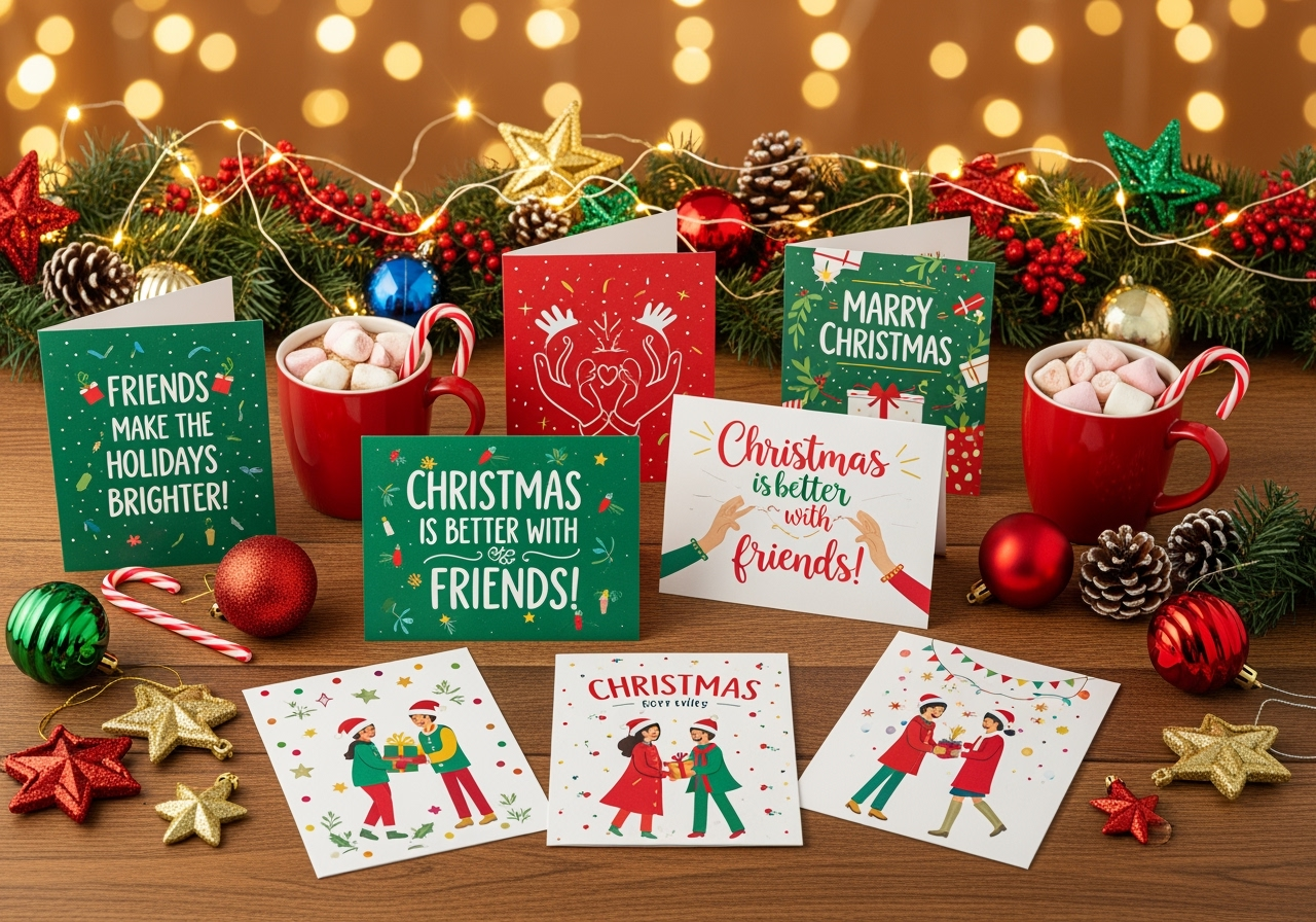 Christmas cards for friends collection featuring cheerful holiday greeting cards with friendship themes
