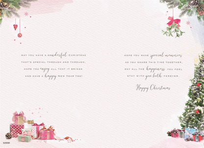 Granddaughter and Her Boyfriend Christmas Card - Special Finishes - Snowy Trees and Lights - Artistic Festive Design - Illustrated Insert Leaf - Made in the UK