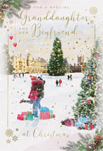 Load image into Gallery viewer, Granddaughter and Her Boyfriend Christmas Card - Special Finishes - Snowy Trees and Lights - Artistic Festive Design - Illustrated Insert Leaf - Made in the UK
