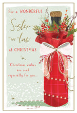 Load image into Gallery viewer, Christmas Card for Sister-in-Law, Designed and Printed in the UK, Full Colour Insert, Christmas Bottle with Flowers
