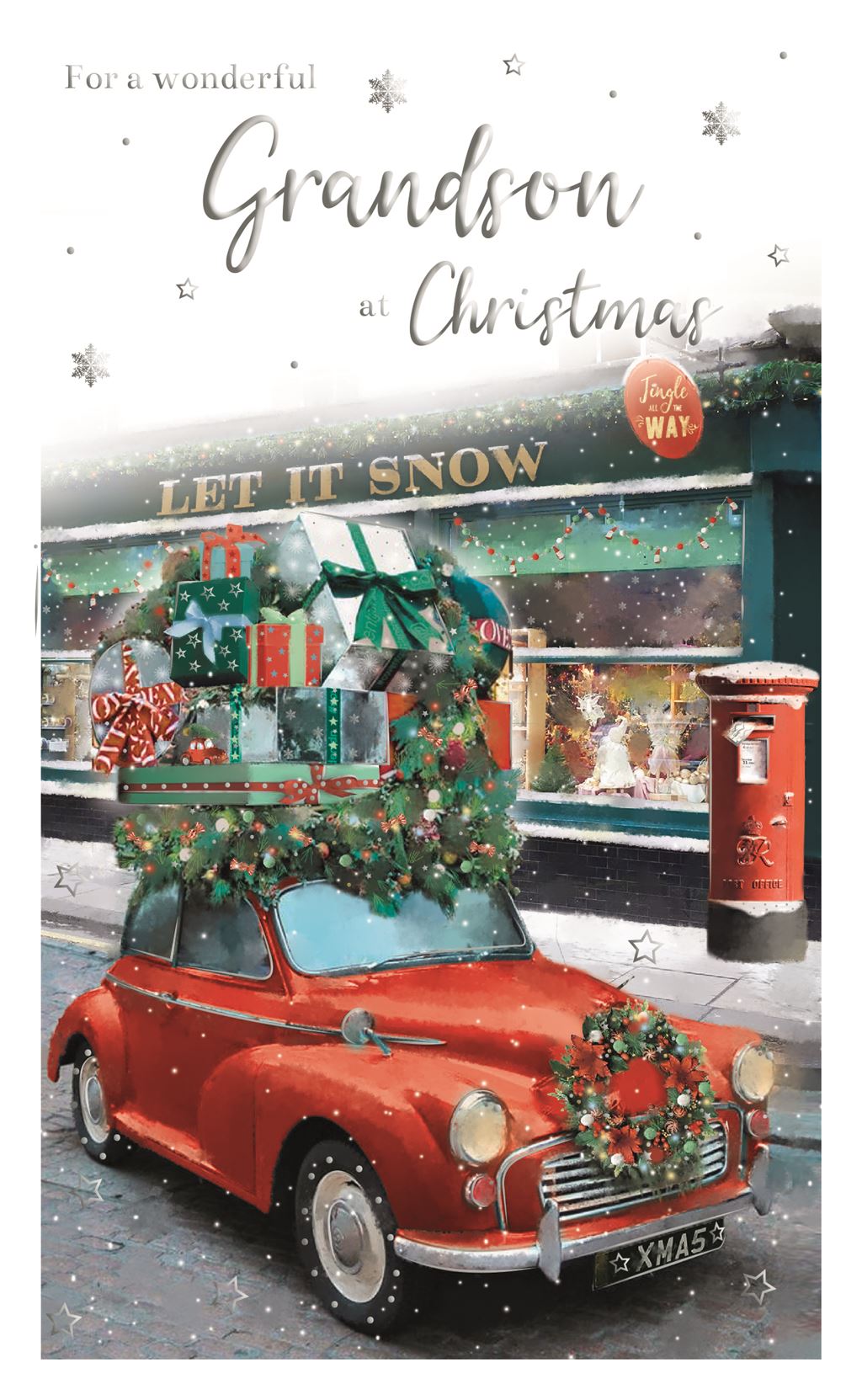 Christmas Greeting Card for Grandson, Red Car & Festive Scene