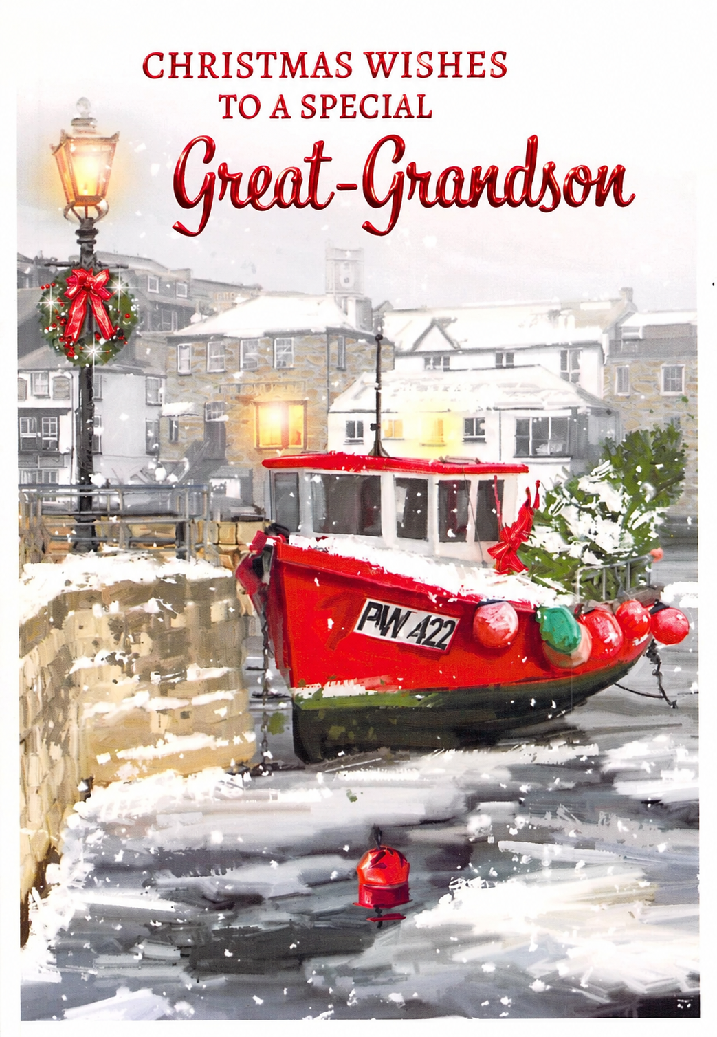 Front of Poppy Hill Great-Grandson Christmas card with snowy harbour and red foil greeting