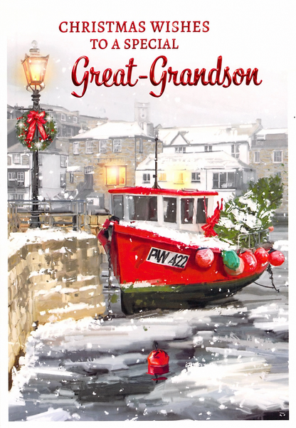 Front of Poppy Hill Great-Grandson Christmas card with snowy harbour and red foil greeting