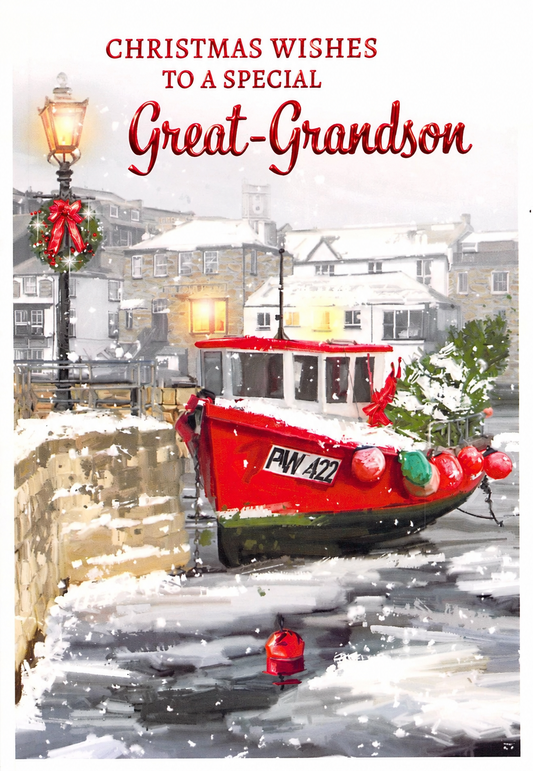 Front of Poppy Hill Great-Grandson Christmas card with snowy harbour and red foil greeting