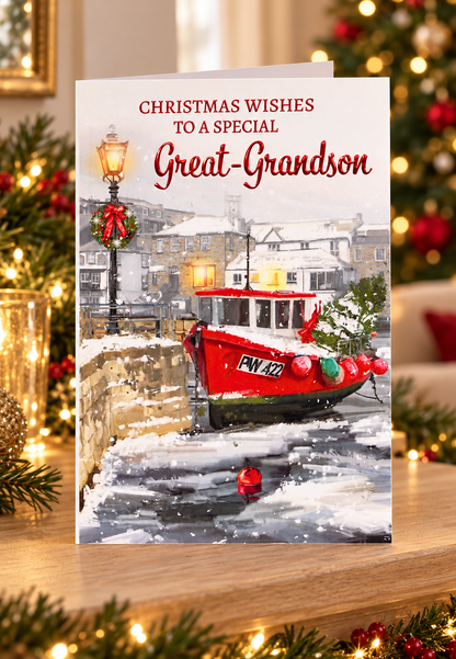 Poppy Hill Great-Grandson Christmas card displayed in a cosy Christmas living room