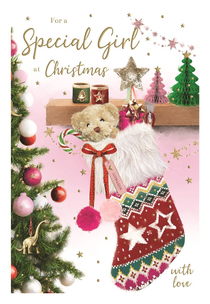 Special Girl Christmas Card, Christmas Tree, Stocking, Elf Design, Printed in the UK