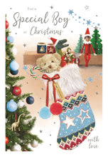 Load image into Gallery viewer, ICG Special Boy Christmas Card, 14x20cm, Christmas Tree, Stocking &amp; Elf, Made in the UK
