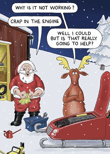 Funny Christmas Card, 130mm x 181mm, Santa Claus Repairing sleigh, Verse 'Merry Christmas and a Happy New Year'