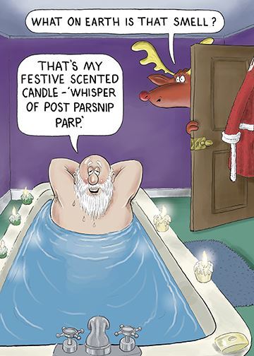 Christmas Greetings Card, Santa in the Bath with Scented Candle, verse 'Merry Christmas and a Happy New Year'