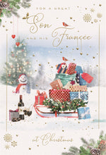 Load image into Gallery viewer, Christmas Card for Sister &amp; Fiancee, 16 x 23cm, Festive Wine Glasses with Presents Design
