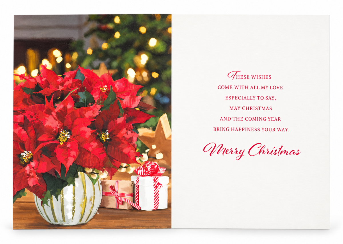Inside of Christmas card for wife showing poinsettia artwork and printed Christmas verse