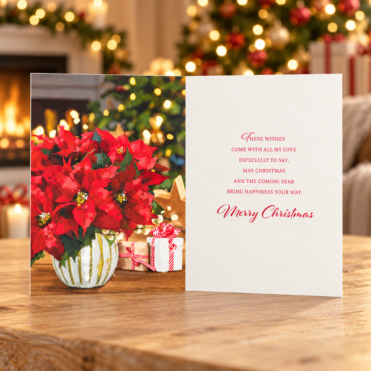 Open Christmas card for wife with red poinsettias and festive verse, displayed in a cosy Christmas setting