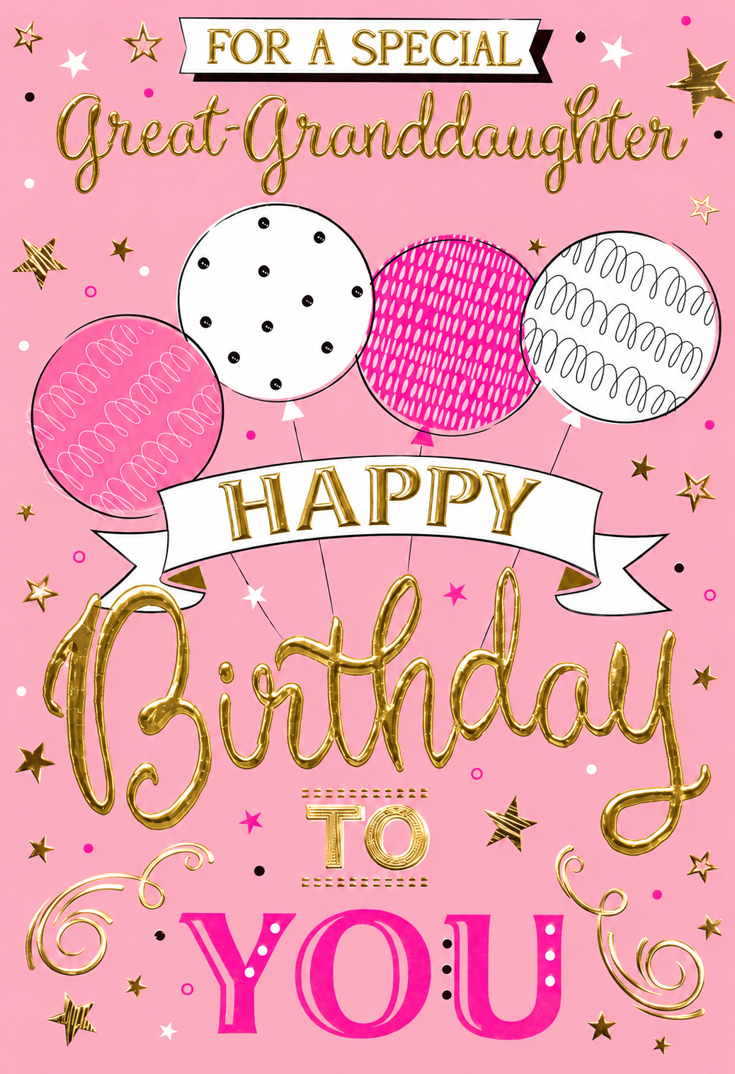 Front of the pink Great Granddaughter birthday card with gold foil lettering