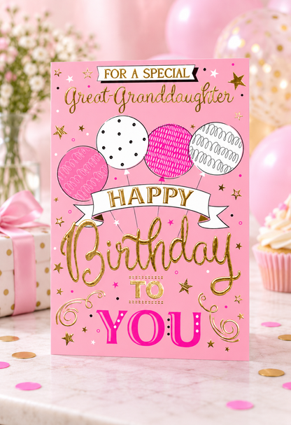 Lifestyle photo of the pink Great Granddaughter birthday card with balloons and gold foil
