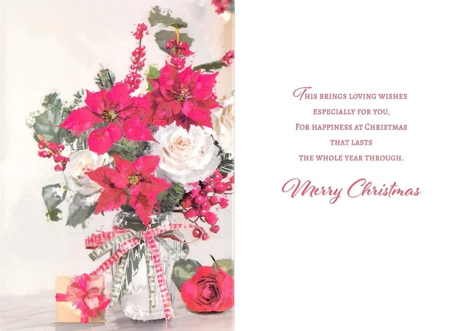 Inside of the granddaughter Christmas card, showing the printed Christmas verse beside matching floral artwork.