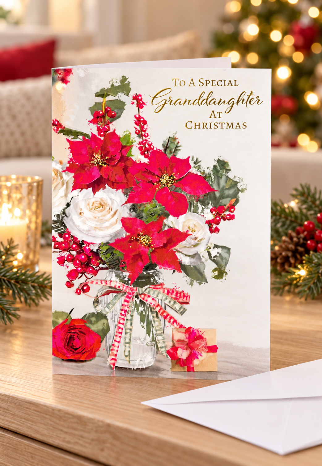 Granddaughter Christmas card with floral poinsettia artwork displayed beside a white envelope in a cosy Christmas setting.