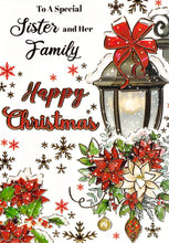 Load image into Gallery viewer, Christmas Card for Sister and Her Family with Festive Lamp and Poinsettia Design
