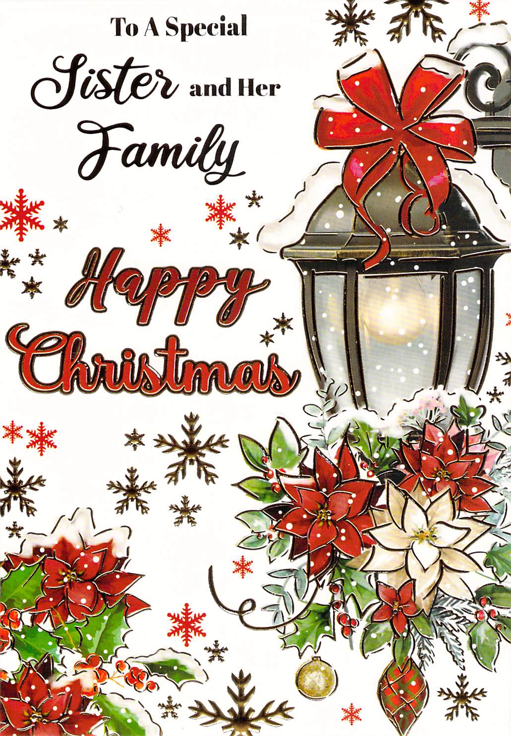 Christmas Card for Sister and Her Family with Festive Lamp and Poinsettia Design