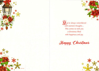 Christmas Card for Sister and Her Family with Festive Lamp and Poinsettia Design
