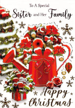 Load image into Gallery viewer, Christmas Card for Sister and Family, Red Watering Can and Tree Design
