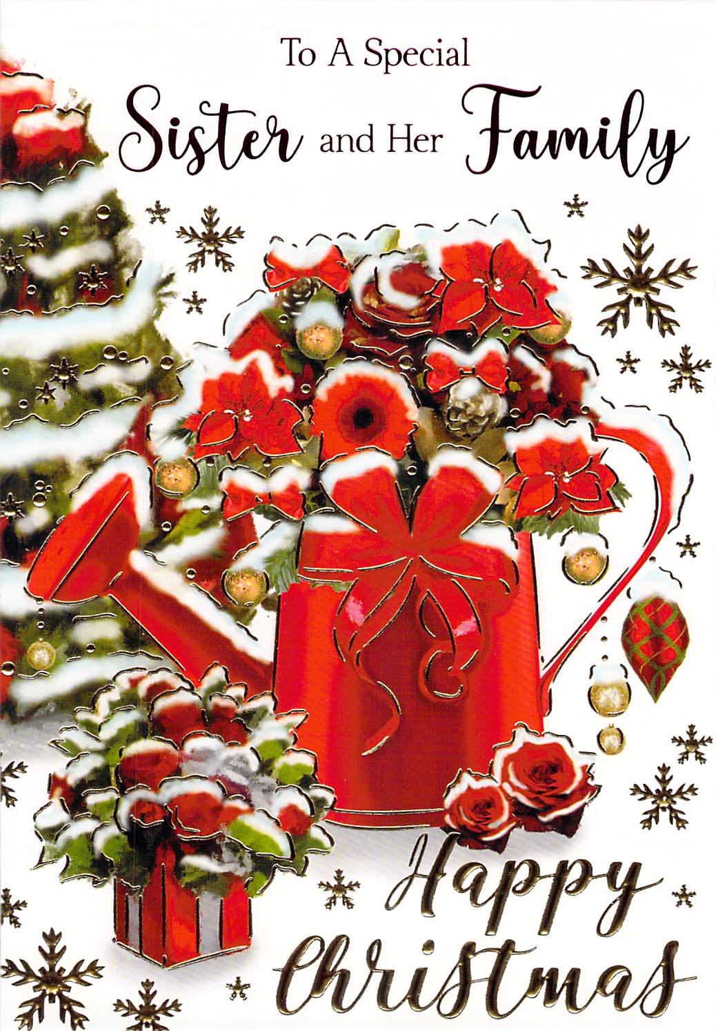 Christmas Card for Sister and Family, Red Watering Can and Tree Design