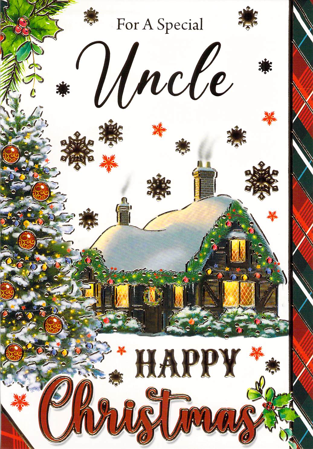 For A Special Uncle, Happy Christmas Card with Snow House Scene