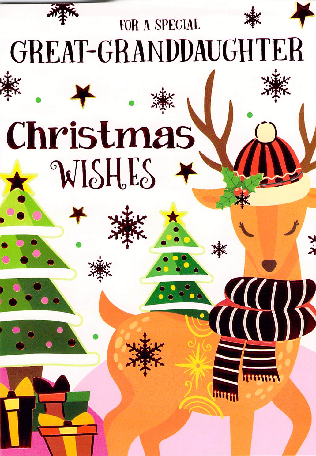 For a Special Great-Granddaughter Christmas Card, Reindeer with Hat.