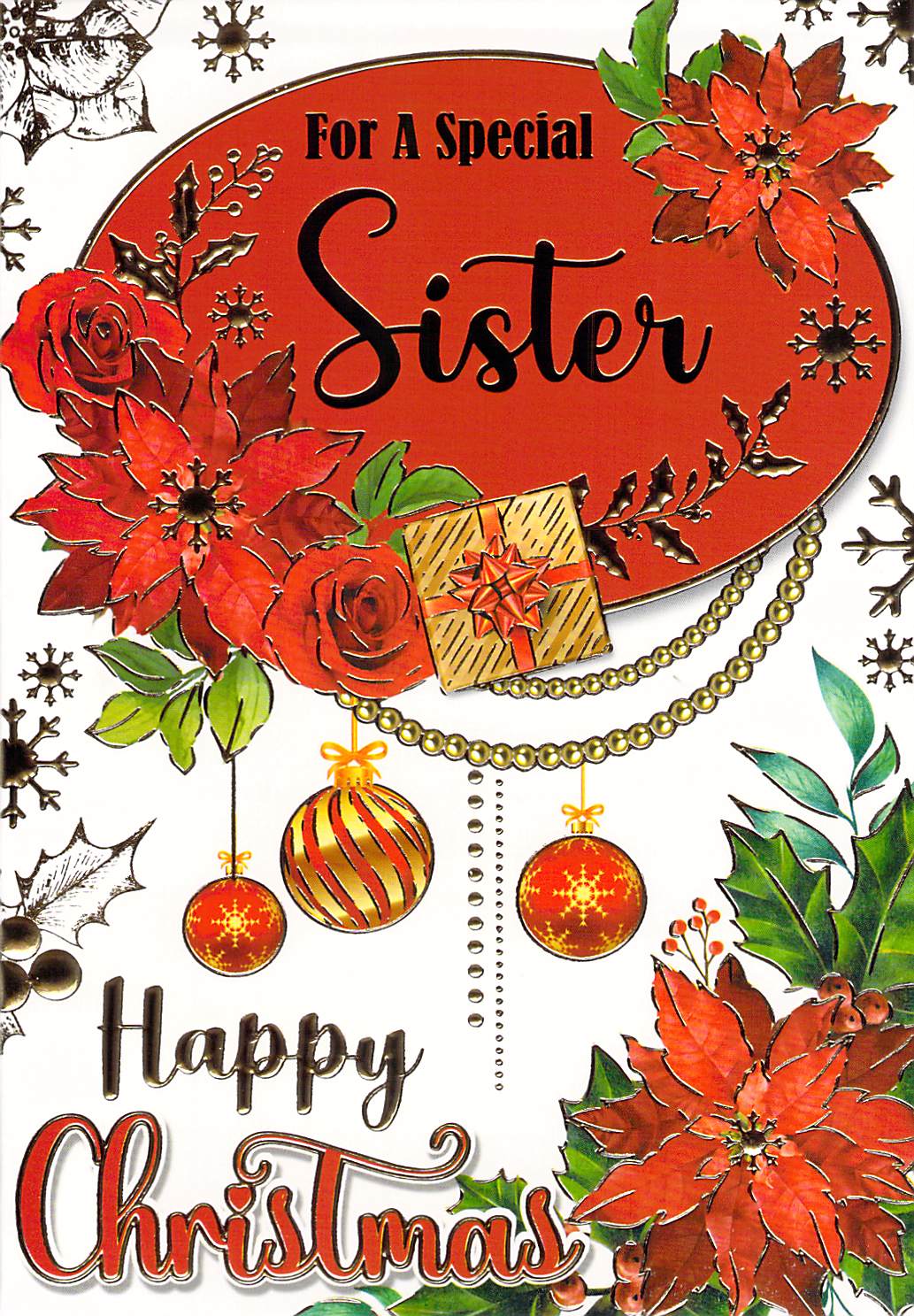 Christmas Card for Sister, Festive Floral Design, 'Happy Christmas' Verse