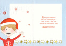 Load image into Gallery viewer, Godson Christmas Card, Boy with Christmas Hat, Gold Stars
