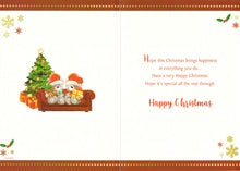 Load image into Gallery viewer, Christmas Card for Daughter and Partner, Bears on Sofa, Tree, Gifts.
