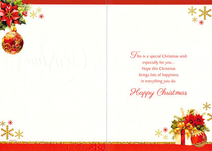 Christmas Card for Cousin, Festive Poinsettia Flowers and Gift Boxes Design