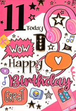 Load image into Gallery viewer, 11th Birthday Card, Pink with Stars, Hearts, and Emojis
