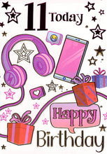 Load image into Gallery viewer, 11th Birthday Card with Stars, Headphones, Smartphone, and Gifts
