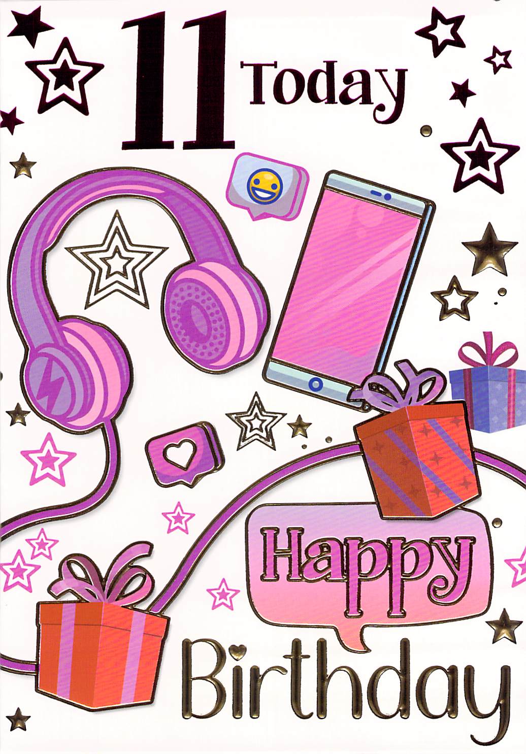 11th Birthday Card with Stars, Headphones, Smartphone, and Gifts