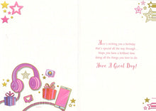 Load image into Gallery viewer, 11th Birthday Card with Stars, Headphones, Smartphone, and Gifts
