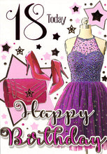 Load image into Gallery viewer, 18th Birthday Card, Purple Dress, Shoes and Bag Design
