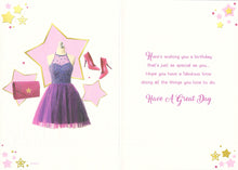 Load image into Gallery viewer, 18th Birthday Card, Purple Dress, Shoes and Bag Design
