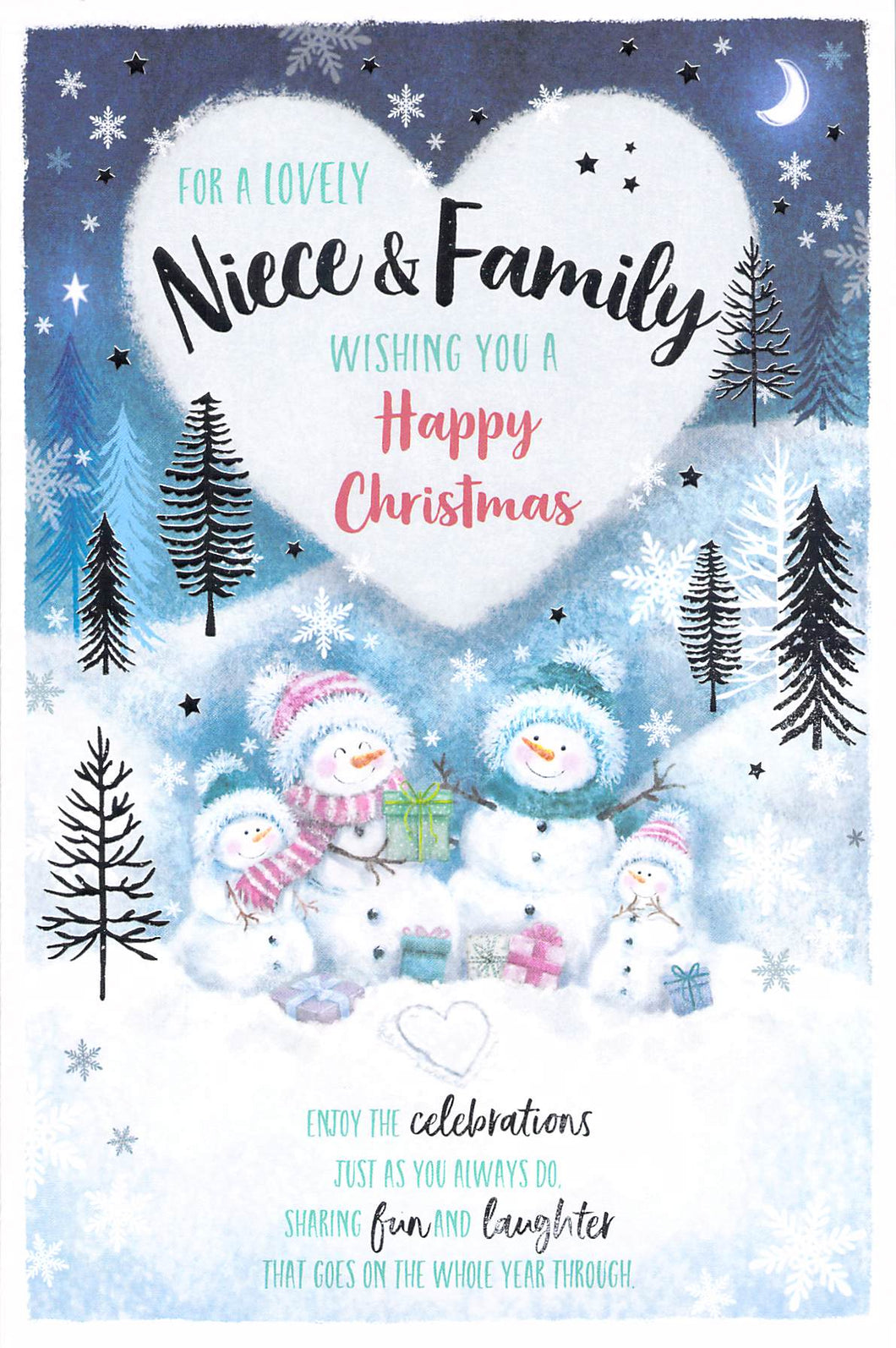 Wishing Well Christmas Card, Niece and Family, Snowman Family Design, Silver Foiling