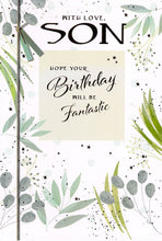 Load image into Gallery viewer, Son Birthday Greeting Card - Gold Foiling with Green Foliage Design
