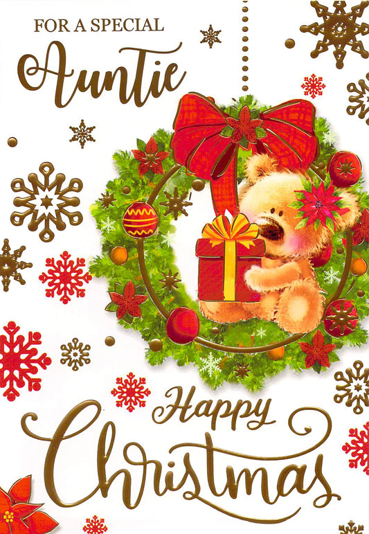 Christmas Card with Teddy Bear and Festive Wreath - Traditional Holiday Greeting Card