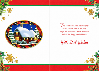 Inside of the Christmas card for a son, showing a snowy cottage and the printed Christmas verse