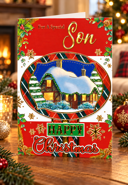 Christmas card for a son displayed in a cosy festive living room