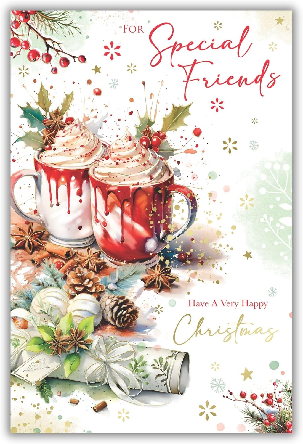 Special Friends Kingfisher Christmas card with two festive hot chocolate mugs