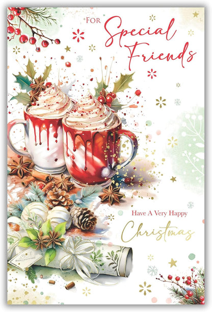 Special Friends Kingfisher Christmas card with two festive hot chocolate mugs