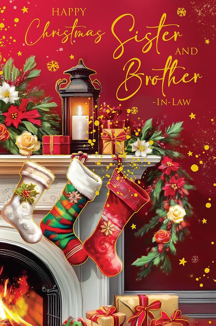 Kingfisher Christmas card for Sister and Brother-in-Law with stockings and fireplace