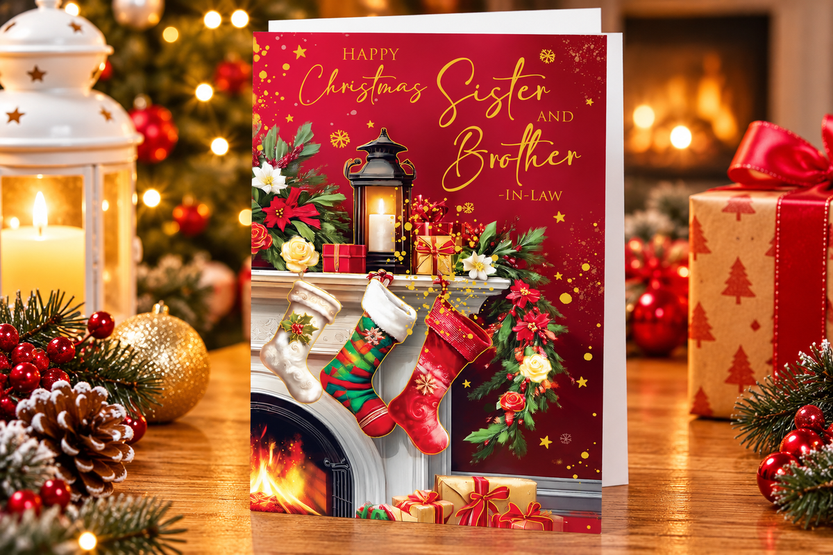 Kingfisher Sister and Brother-in-Law Christmas card in festive home setting